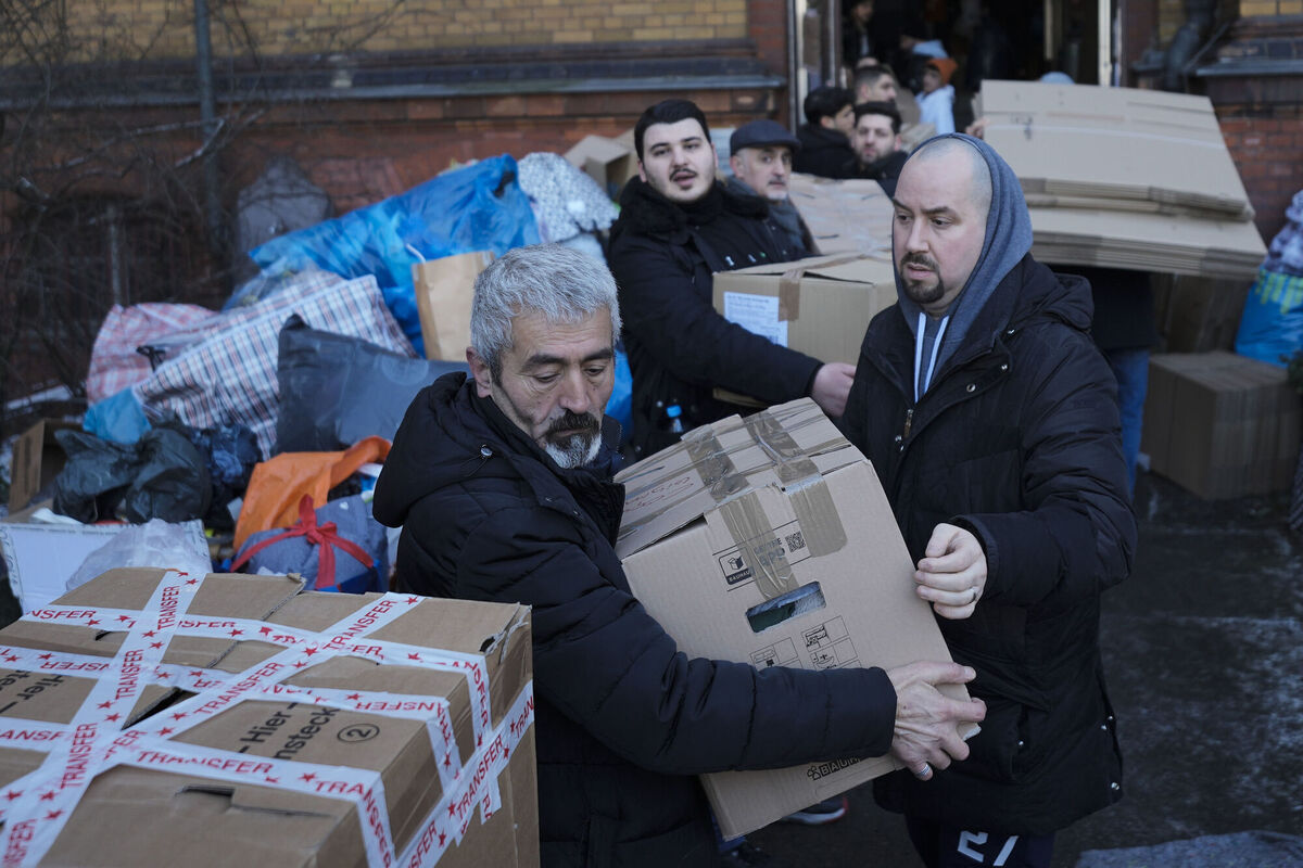 People make a human chain to stack boxes filled with relief supplies at a collection point of the Turkish community in Berlin, Germany, Tuesday, Feb. 7, 2023. Picture: AP Photo/Markus Schreiber People make a human chain to stack boxes filled with relief supplies at a collection point of the Turkish community in Berlin, Germany, Tuesday, Feb. 7, 2023. Picture: AP Photo/Markus Schreiber