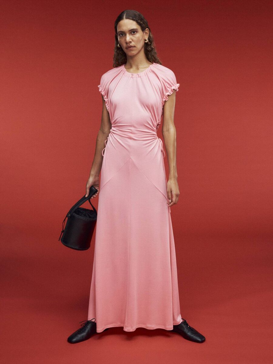 Dress, €89; leather whip-stitch bucket bag, €259; lace-up leather shoes, €179, Arket Dress, €89; leather whip-stitch bucket bag, €259; lace-up leather shoes, €179, Arket