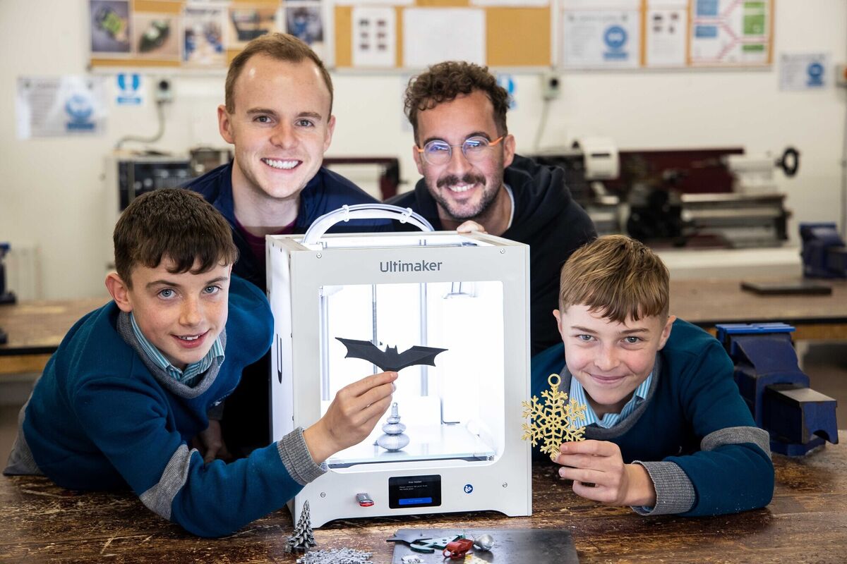Coláiste Choilm students Cathal Murphy, Konrad Vaidogas, and Dylan Keane, with Jago Cullen of Stryker, learning about how 3D printing has been a breakthrough in the treatment of bone-related conditions. Coláiste Choilm students Cathal Murphy, Konrad Vaidogas, and Dylan Keane, with Jago Cullen of Stryker, learning about how 3D printing has been a breakthrough in the treatment of bone-related conditions.