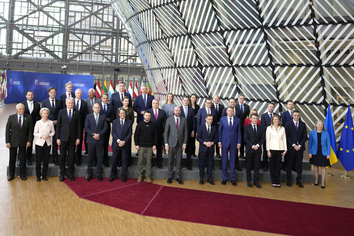 Ukrainian president Volodymyr Zelenskyy and European Council president Charles Michel with fellow European Union leaders in Brussels. Picture: Virginia Mayo/AP