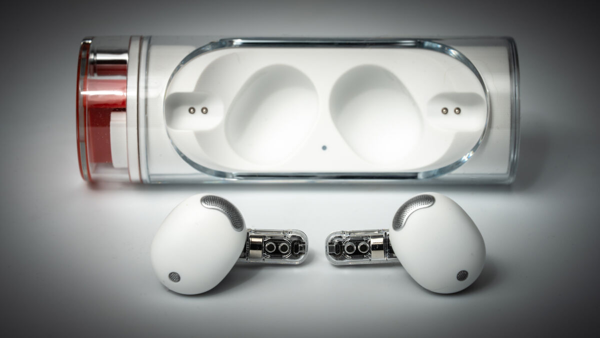 The Ear (stick) comes in a unique charging case that rotates to open. Picture: Noel Campion.