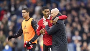<p>Manchester United manager Erik ten Hag and Marcus Rashford after the Premier League match at Elland Road. Picture: Danny Lawson/PA Wire.</p>