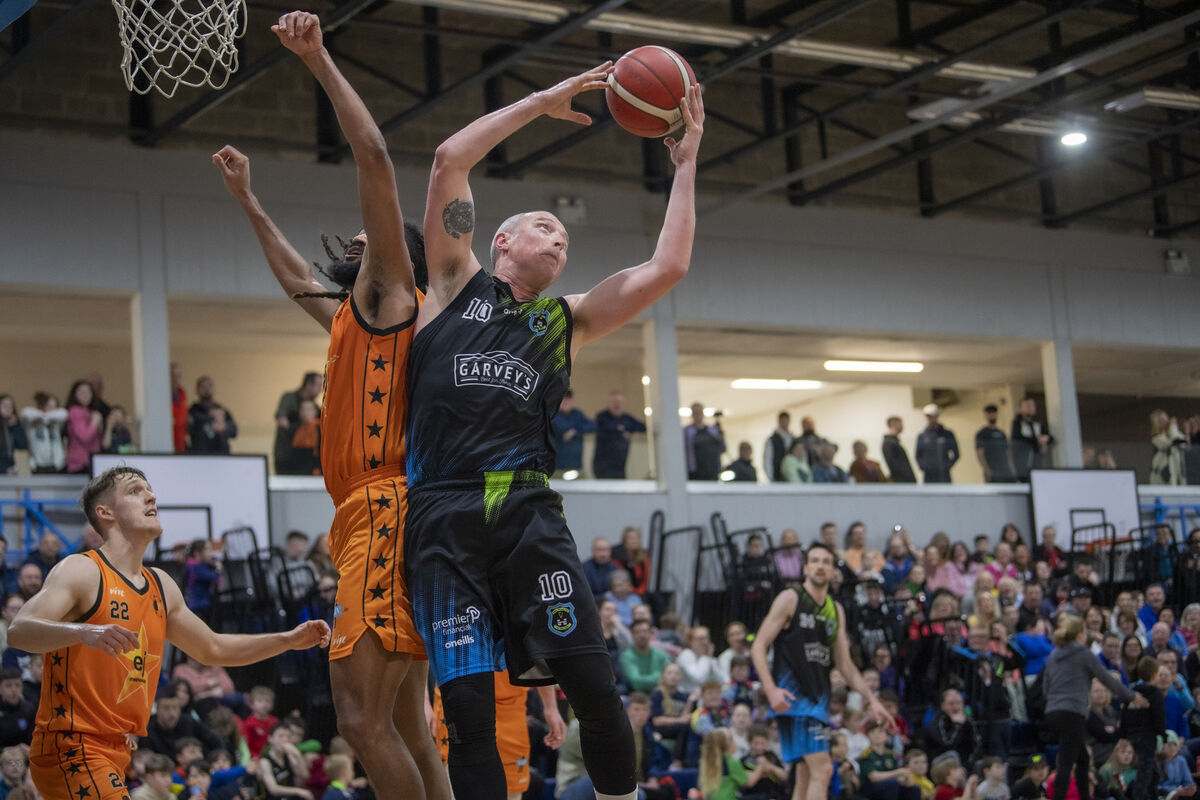 Kieran Donaghy of Tralee Warriors and Cam King of  EJ Sligo All-Stars at the Tralee Sports Centre. Picture: Domnick Walsh/Eye Focus LTD 