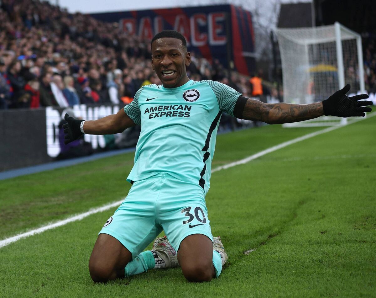 Brighton’s Pervis Estupiñán celebrates a goal ruled out – wrongly – by VAR.