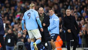 <p>BACK TO BASICS: Erling Haaland celebrates with Pep Guardiola. Pic: Catherine Ivill/Getty Images</p>