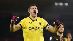 <p>The Mail reports Aston Villa are willing to listen to offers for World Cup-winning goalkeeper Emiliano Martinez (Andrew Matthews/PA)</p>