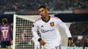 <p>Manchester United's Marcus Rashford celebrates scoring their side's first goal of the game at the Camp Nou. Picture: Isabel Infantes/PA Wire.</p>