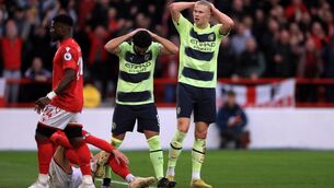 <p>MISSED CHANCES: Manchester City's Erling Haaland and Ilkay Gundogan rue a missed chance during the Premier League match at the City Ground, Nottingham. Pic: Bradley Collyer/PA Wire </p>