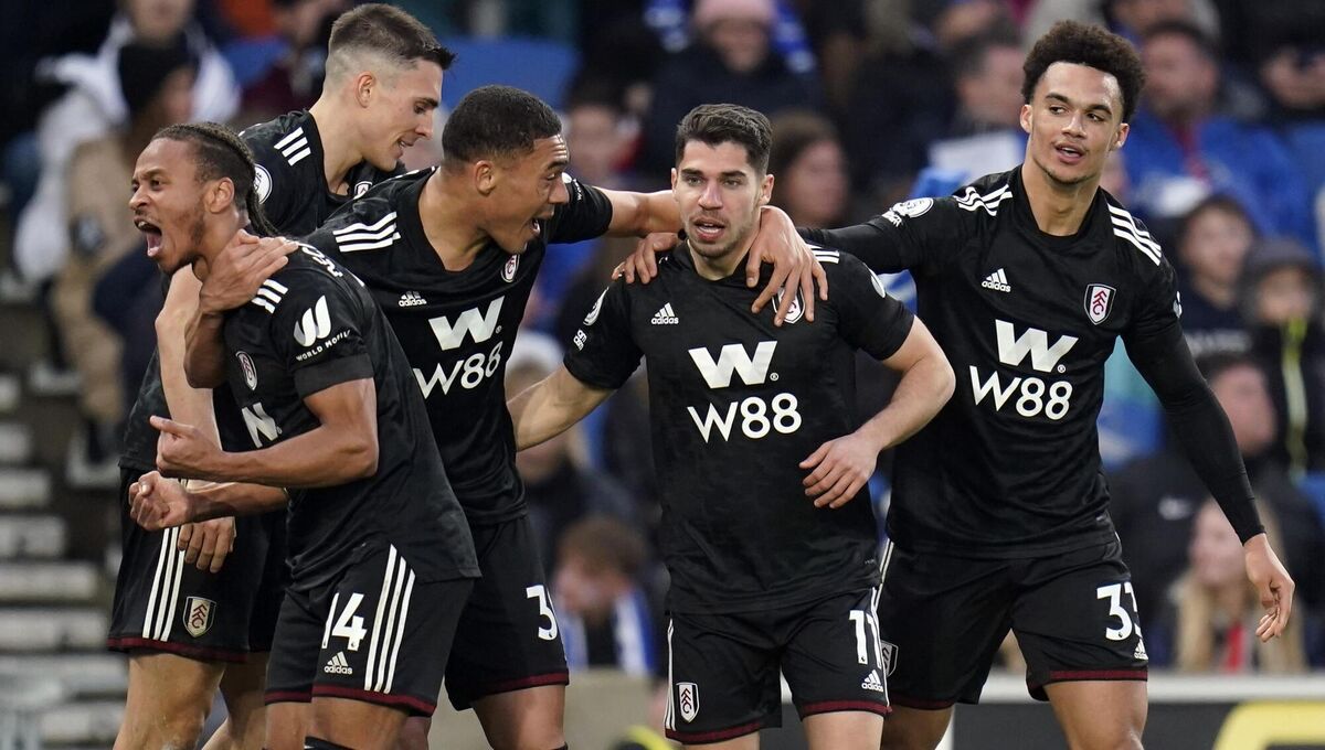 Fulham’s Manor Solomon(second right) celebrates scoring the goal that darkened Roberto De Zerbi’s mood.