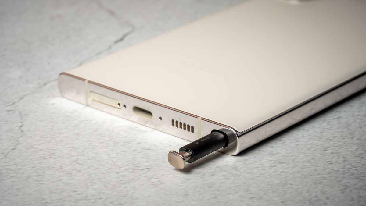The Samsung Galaxy S23 Ultra includes a tucked-away S-Pen. Picture: Noel Campion.