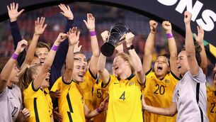 <p>CHAMPIONS: Clare Polkinghorne of Australia and team mates celebrate winning the Cup of Nations against Jamaica at McDonald Jones Stadium on in Newcastle, Australia. Pic: Cameron Spencer/Getty Images</p>