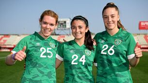 <p>NEWCOMERS: Republic of Ireland players, from left, Aoife Mannion, Marissa Sheva and Deborah-Anne de la Harpe after the international friendly match between China PR and Republic of Ireland at Estadio Nuevo Mirador in Algeciras, Spain. Pic: Stephen McCarthy/Sportsfile</p>