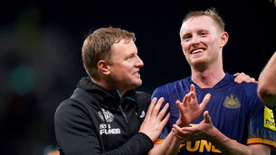 <p>RESURGENCE: Newcastle United manager Eddie Howe (left) celebrates with Sean Longstaff.</p>