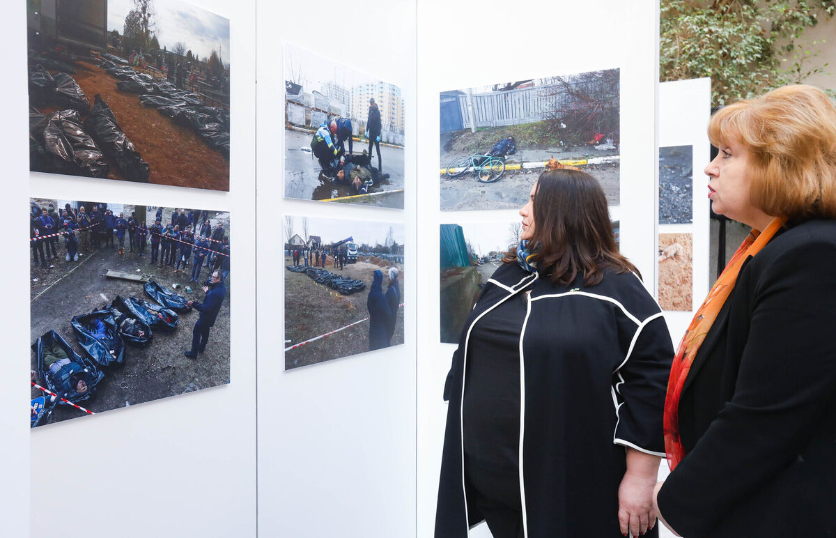 (Left to right) The Ambassador to Ireland from Ukraine Gerasko Larysa and the Ambassador to Ireland from the Republic of Moldova Larisa Miculet at the opening of a Ukraine war photography exhibition to mark one year of the Russian invasion. Picture: Leah Farrell / RollingNews.ie (Left to right) The Ambassador to Ireland from Ukraine Gerasko Larysa and the Ambassador to Ireland from the Republic of Moldova Larisa Miculet at the opening of a Ukraine war photography exhibition to mark one year of the Russian invasion. Picture: Leah Farrell / RollingNews.ie