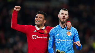 <p>BROTHERS IN ARMS: Manchester United's Casemiro and goalkeeper David de Gea celebrate victory. Picture: Martin Rickett/PA Wire.</p>