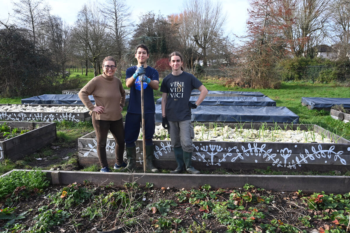 Pilar Garcia at the community garden with Antonio Garcia from Spain and Cosimo De Matteis from Italy, transition-year students at Coláiste Éamann Rís, Cork. Picture: Larry Cummins