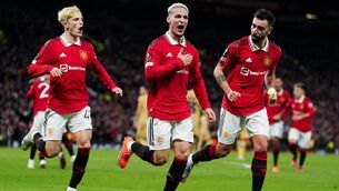 <p>MAGIC MOMENTS: Manchester United's Antony celebrates scoring the winning goal during the UEFA Europa League playoff match at Old Trafford. Pic: PA</p>