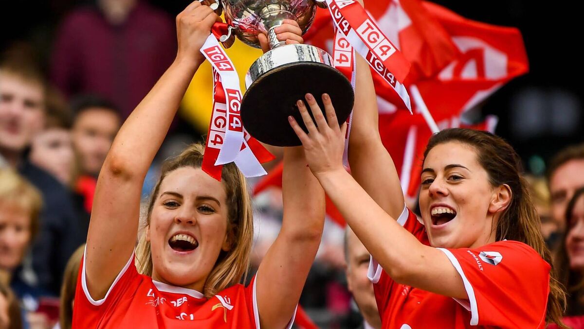 CHAMPIONS: Aoife Halligan, left, and Gráinne Murray of Louth lift the West County Hotel Cup following the TG4 All-Ireland Ladies Football Junior Championship Final match between Fermanagh and Louth at Croke Park in Dublin. Picture: Stephen McCarthy/Sportsfile CHAMPIONS: Aoife Halligan, left, and Gráinne Murray of Louth lift the West County Hotel Cup following the TG4 All-Ireland Ladies Football Junior Championship Final match between Fermanagh and Louth at Croke Park in Dublin. Picture: Stephen McCarthy/Sportsfile