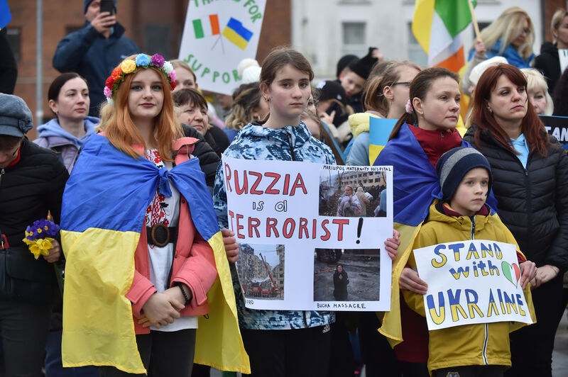  People at the rally in Cork City earlier today to mark the first anniversary of Russia's invasion of Ukraine. Picture: Eddie O'Hare