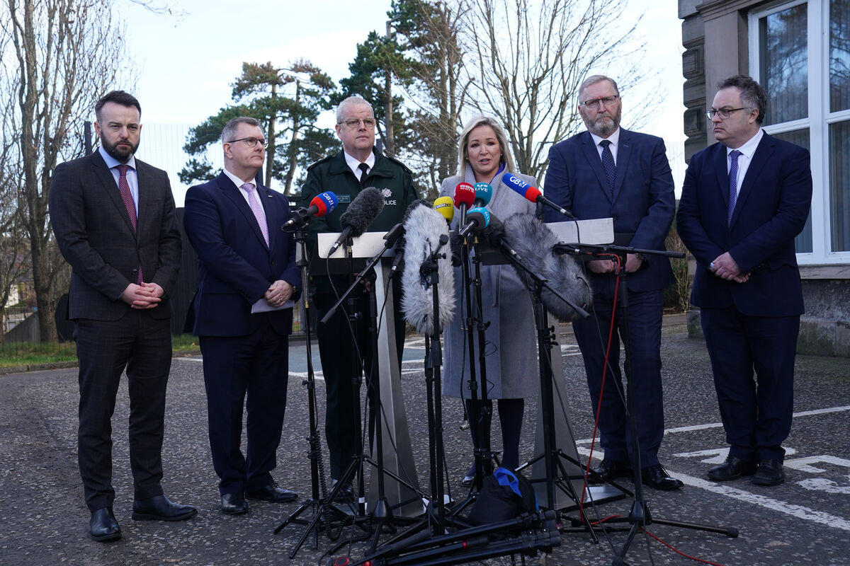 (left to right) SDLP leader Colum Eastwood, DUP leader Jeffrey Donaldson, Police Service of Northern Ireland (PSNI) Chief Constable Simon Byrne, Sinn Fein deputy leader Michelle O'Neill, Ulster Unionist Party (UUP) leader Doug Beattie, and Alliance party member Stephen Farry speaking to the media outside the PSNI HQ in Belfast, where they are meeting following the shooting of PSNI Detective Chief Inspector John Caldwell on Wednesday.