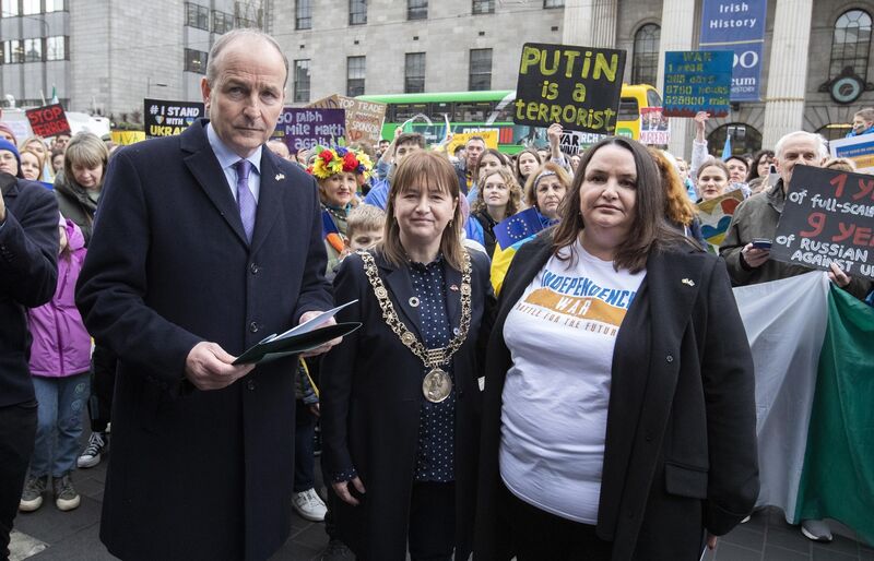 Tánaiste Micheál Martin with Dublin Lord Mayor Caroline Conroy and Ukrainian ambassador  Larysa Gerasko outside the GPO on O'Connell St,  Dublin, marking the first anniversary of the Russian invasion of Ukraine. Picture: Colin Keegan/Collins