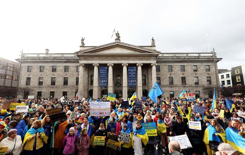 Marking the first anniversary of Russia's invasion of Ukraine, rallies took place in Dublin (pictured), Cork, Kerry, Dublin, Meath, Galway, Kildare, Kilkenny, Longford, Limerick, Waterford, Wicklow, and Wexford. Picture: Sam Boal/RollingNews