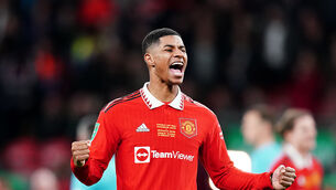 Marcus Rashford celebrates victory at Wembley (David Davies/PA)