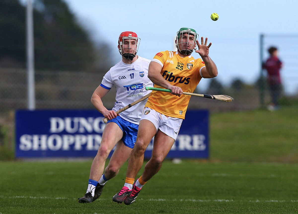 Antrim’s Nigel Elliot and Waterford's Carthach Daly in action during their Allianz Hurling League Division 1 clash yesterday. Picture: INPHO/Ken Sutton