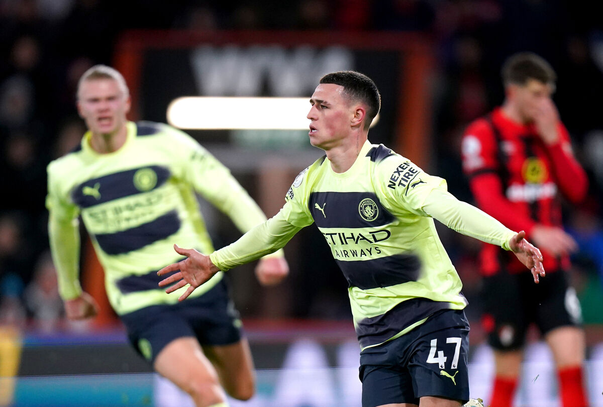 Manchester City's Phil Foden celebrates scoring their side's third goal of the game against Bournemouth. Pic:Paige Young