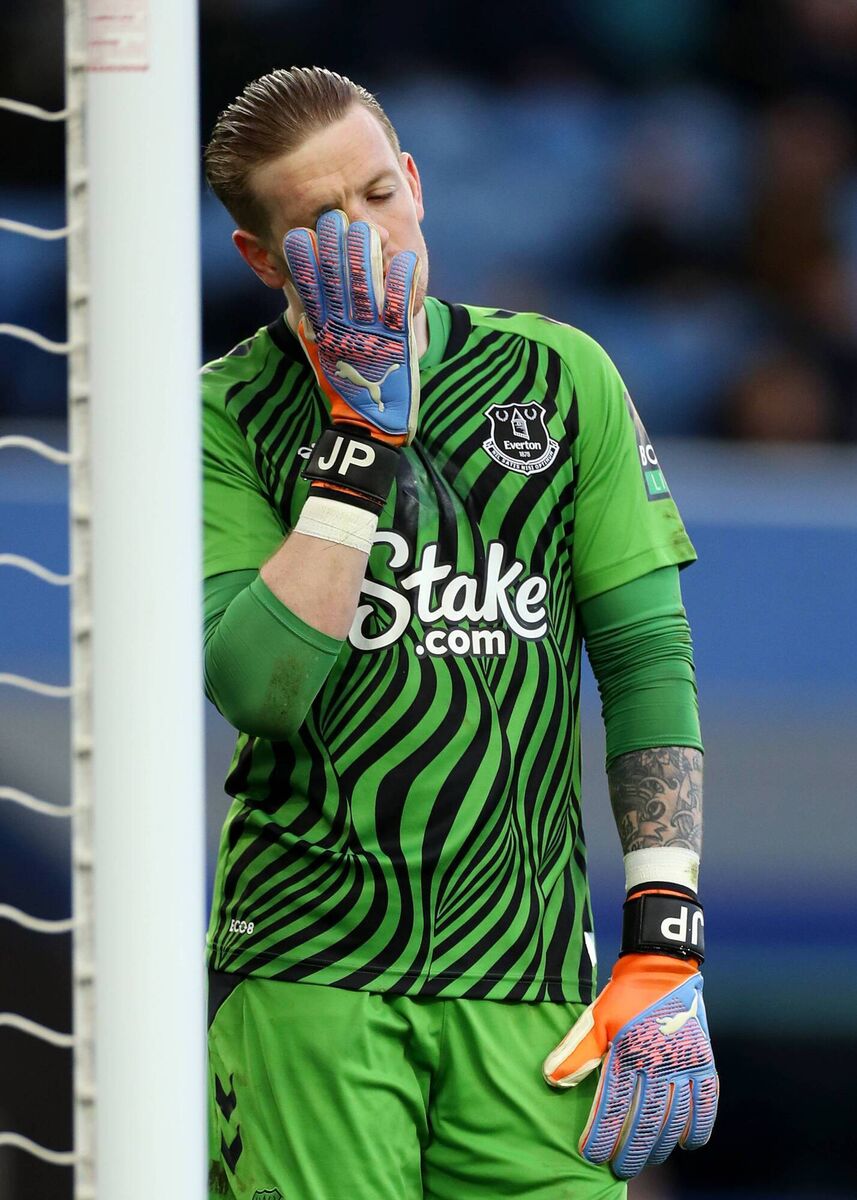 Jordan Pickford, the Everton goalkeeper, looks dejected during the match.Pic:Lewis Storey/Getty Images