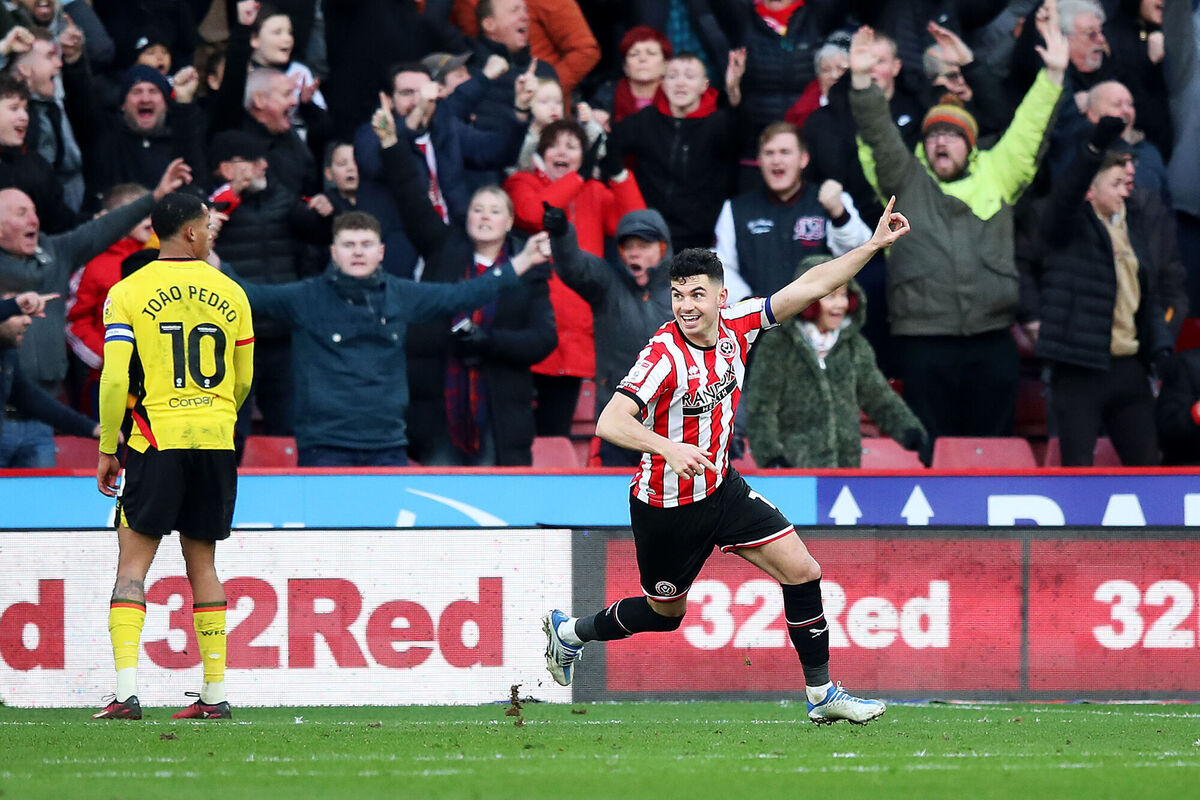 IRELAND'S FINEST: Sheffield United's John Egan celebrates after Watford’s Ryan Porteous scores an own goal during the Sky Bet Championship match at Bramall Lane, Sheffield. Picture date: Saturday February 25, 2023. PA Photo. See PA story SOCCER Sheff Utd. Photo credit should read: Isaac Parkin/PA Wire.