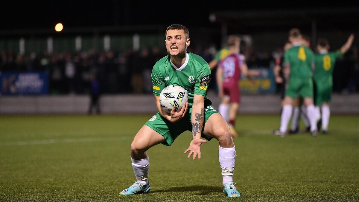 HISTORY MAKER: Leo Gaxha of Kerry FC reacts during the SSE Airtricity Men's First Division match between Kerry and Cobh Ramblers at Mounthawk Park in Tralee, Kerry. Photo by Brendan Moran/Sportsfile
