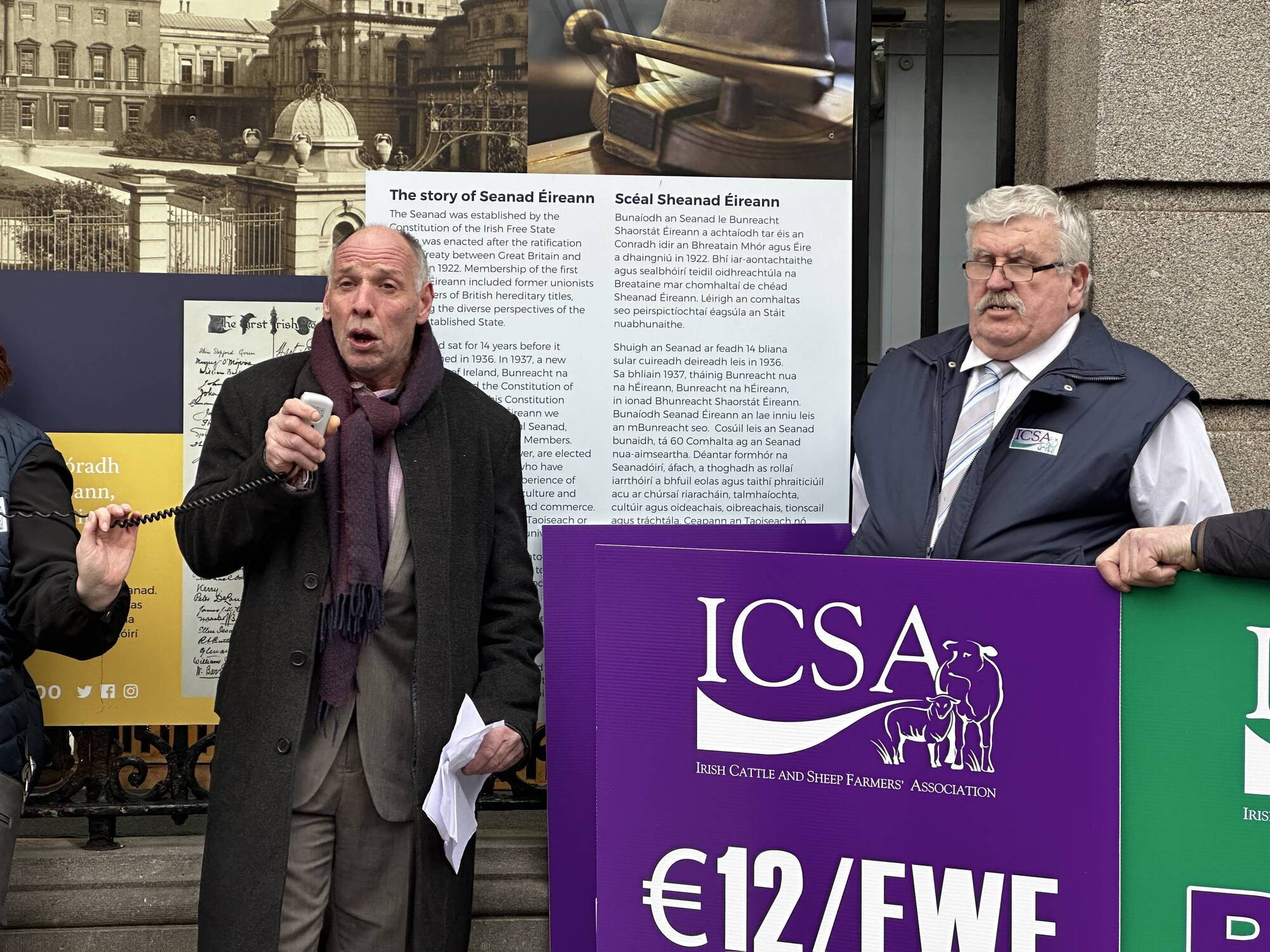 ICSA Sheep chairman Sean McNamara and ICSA President Dermott Kelleher protesting outside of Leinster House 