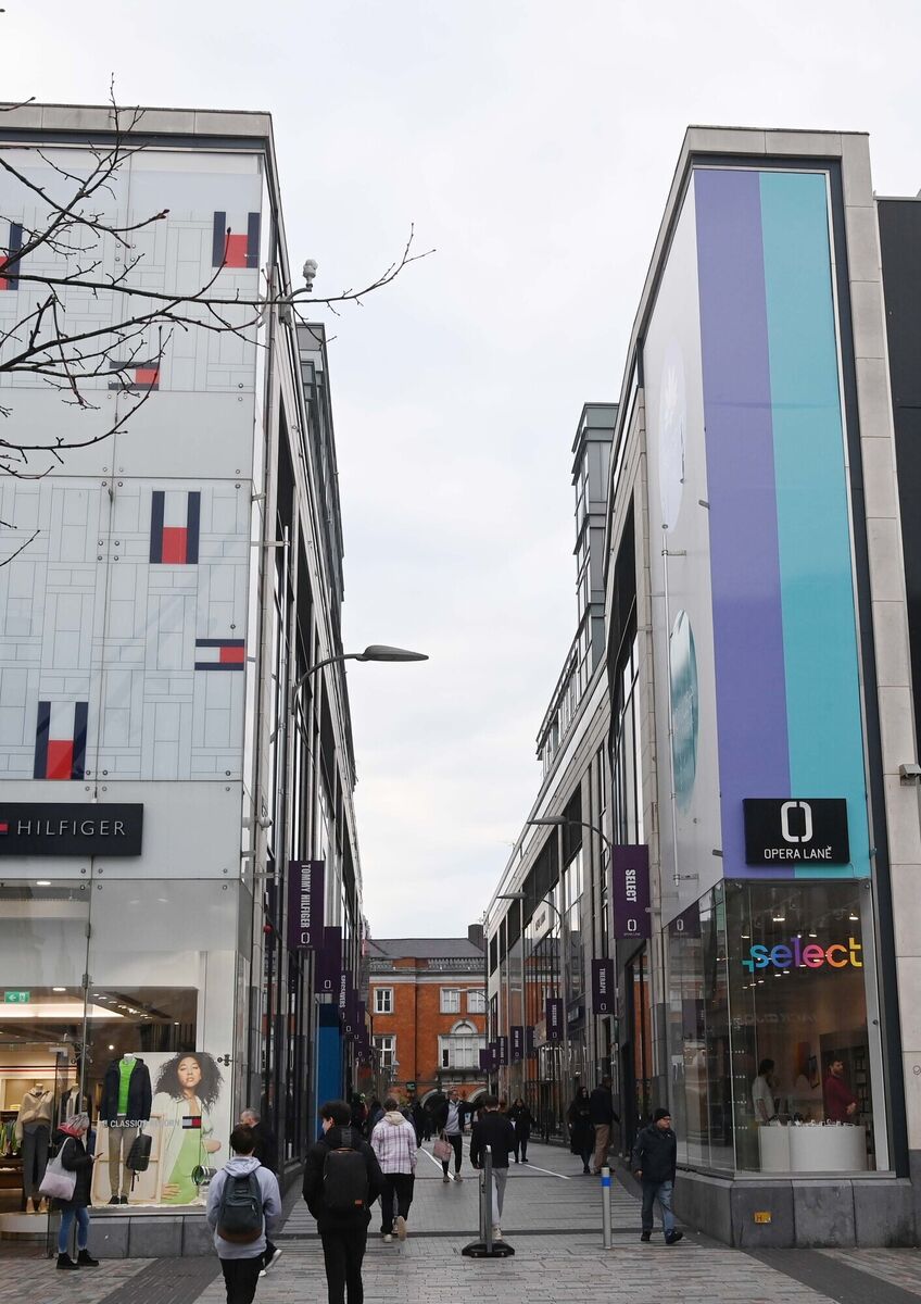 Opera Lane, seen from Patrick Street, Cork, with Crawford Gallery at the Emmet Place end, The 300-year old city centre gallery next to the Opera House  is due a major extension