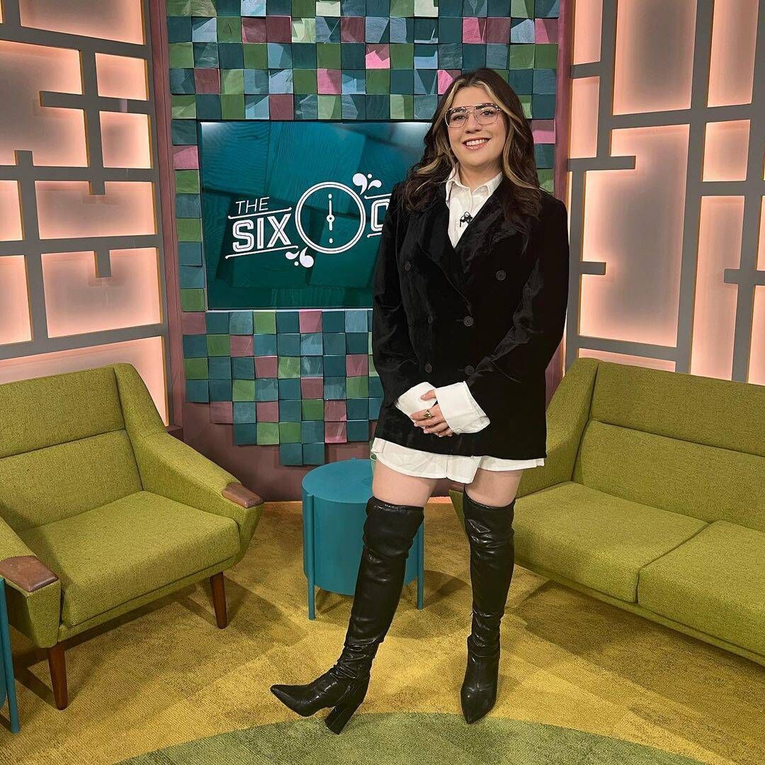 Fionnuala Jay wearing a vintage outfit on The Six O'Clock Show