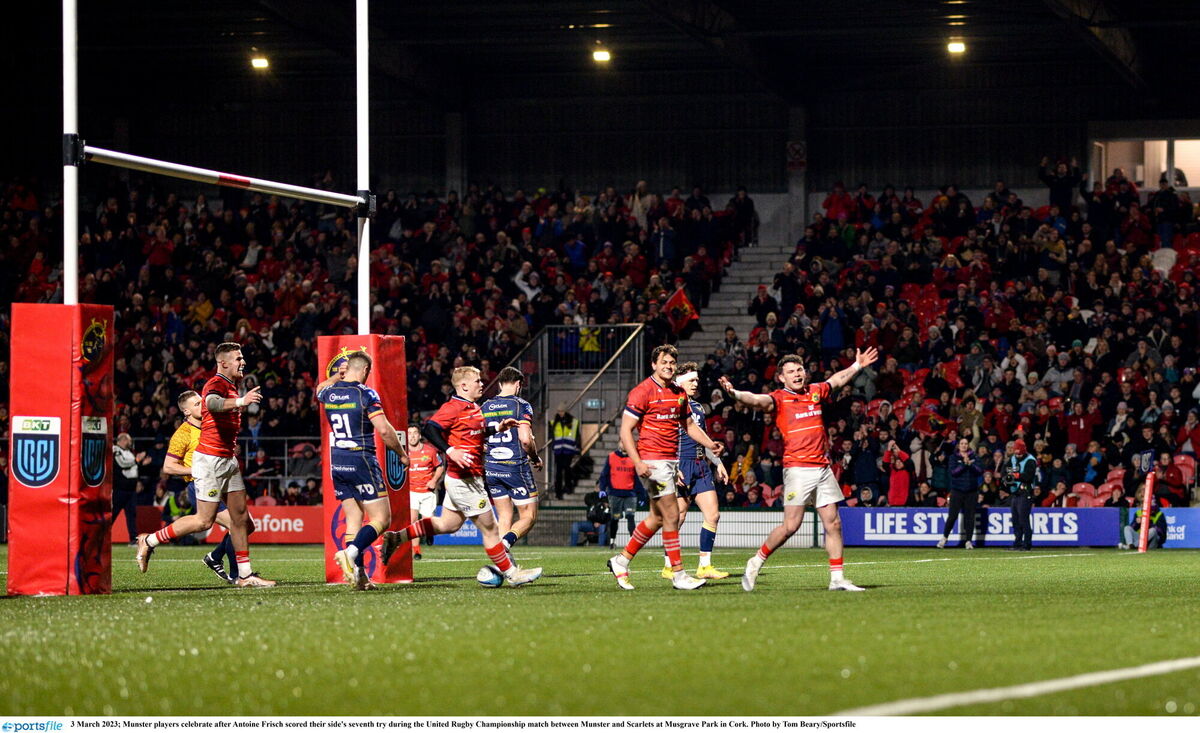 TRY AGAIN: Munster players celebrate after Antoine Frisch scored their side's seventh try during the United Rugby Championship match between Munster and Scarlets at Musgrave Park in Cork. Photo by Tom Beary/Sportsfile