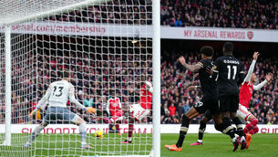 <p>Arsenal's Thomas Partey scores his side's first goal during the Premier League match at the Emirates Stadium, London. Picture John Walton/PA Wire </p>