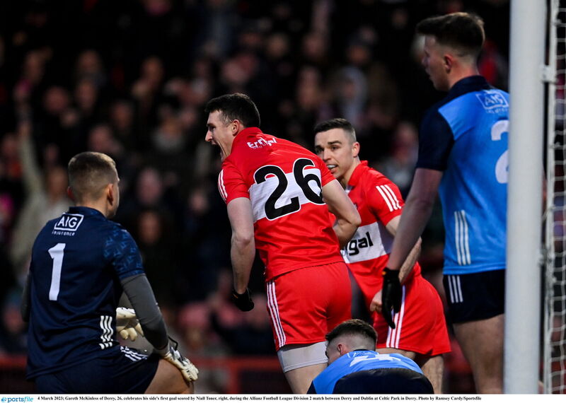 Gareth McKinless of Derry, 26, celebrates his side's first goal scored by Niall Toner, right, during the Allianz Football League Division 2 match between Derry and Dublin at Celtic Park in Derry. Photo by Ramsey Cardy/Sportsfile
