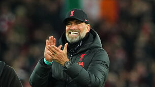 <p>SEVENTH HEAVEN: Liverpool manager Jurgen Klopp applauds after the Premier League match at Anfield on Sunday. Picture: Peter Byrne/PA Wire.</p>