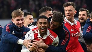 <p>Arsenal midfielder Reiss Nelson celebrates after scoring a late winner versus Bournemouth. Picture: GLYN KIRK/AFP via Getty Images)</p>