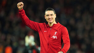 <p>PUNCHING UP: Liverpool's Darwin Nunez celebrates after the final whistle at Anfield on Sunday. Picture: Peter Byrne/PA Wire.</p>