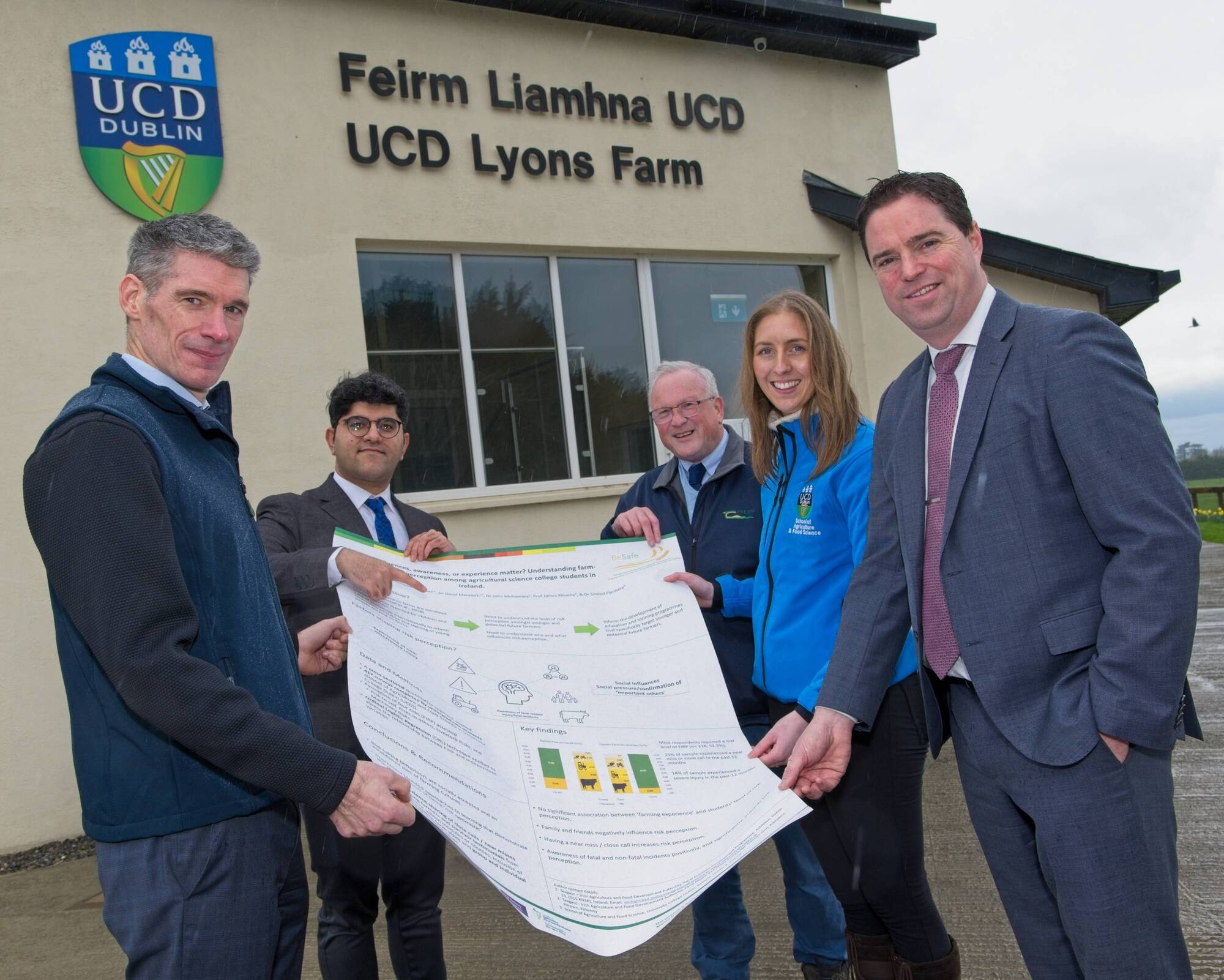 Dr David Meredith, Dr Mohammad Mohammadrezaei, and Dr John McNamara, Teagasc; Dr Sinead Flannery UCD; and Martin Heldon TD, Minister for State with special responsibility for Farm Safety at the Dept. of Agriculture, Food and the Marine; at the launch of Student Safety Perceptions, ‘Be Safe Project’ at UCD Lyons Farm.