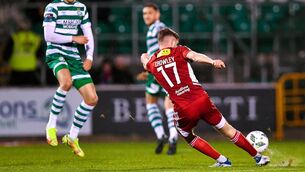<p>LONG-RANGE STUNNER: Darragh Crowley of Cork City shoots to score his side's second goal during the SSE Airtricity Men's Premier Division match against Shamrock Rovers at Tallaght Stadium. Pic: Piaras Ó Mídheach/Sportsfile</p>