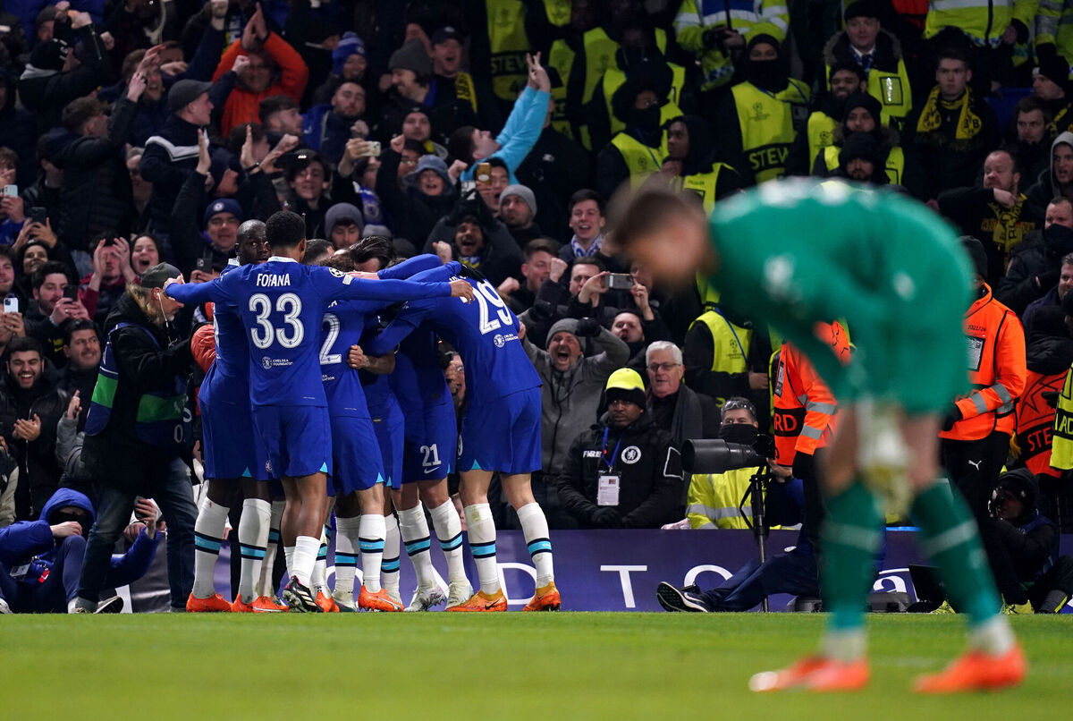 STICKING TOGETHER: Chelsea celebrate after Raheem Sterling scores their side's first goal. Pic: John Walton/PA Wire.