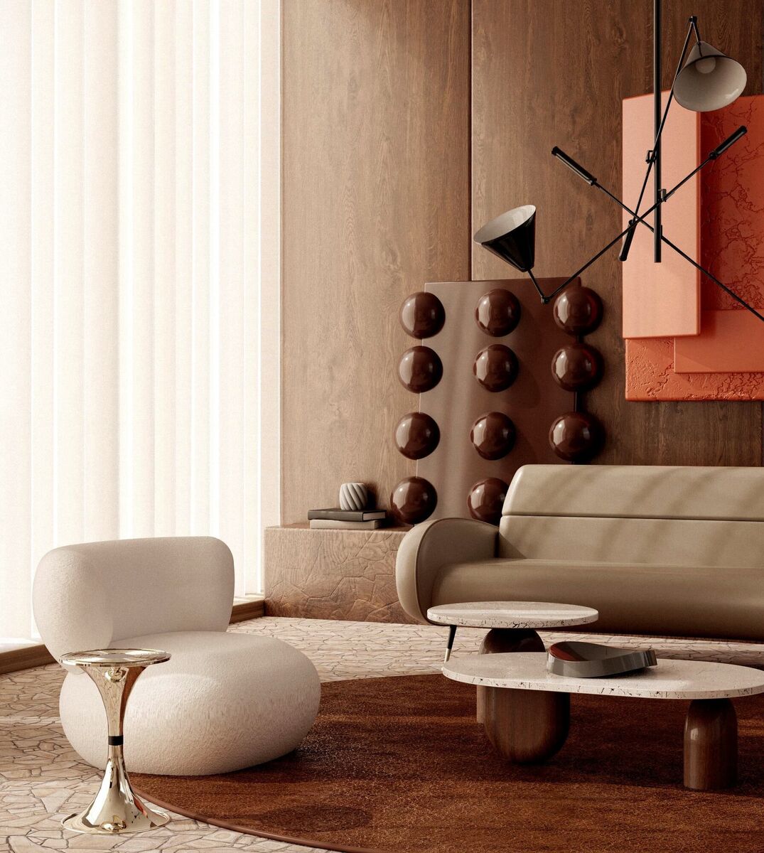 A late mid-century-inspired room set with that classic brown/burst orange groove. Set by Joana Nowak. Sinatra pendant, POA, delightfull.eu.