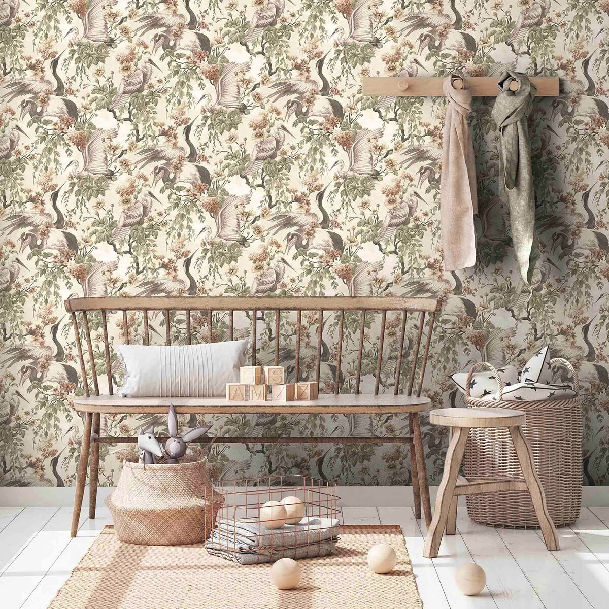 Break up brown with a paler ground colour. Sitting Cranes offers a chinoiserie Asian hit of good fortune and longevity. €96 a roll, woodchipandmagnolia.com.