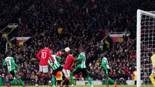 <p>BACK IN BUSINESS: Bruno Fernandes heads home United's third goal.  	Picture: Tim Goode/PA</p>