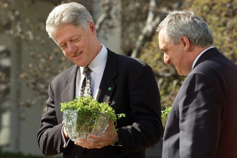 President Clinton accepts a traditional bowl of shamrock from Irish Prime Minister Bertie Ahern during a St. Patrick's Day ceremony at the White House Wednesday March 17, 1999. President Clinton accepts a traditional bowl of shamrock from Irish Prime Minister Bertie Ahern during a St. Patrick's Day ceremony at the White House Wednesday March 17, 1999.