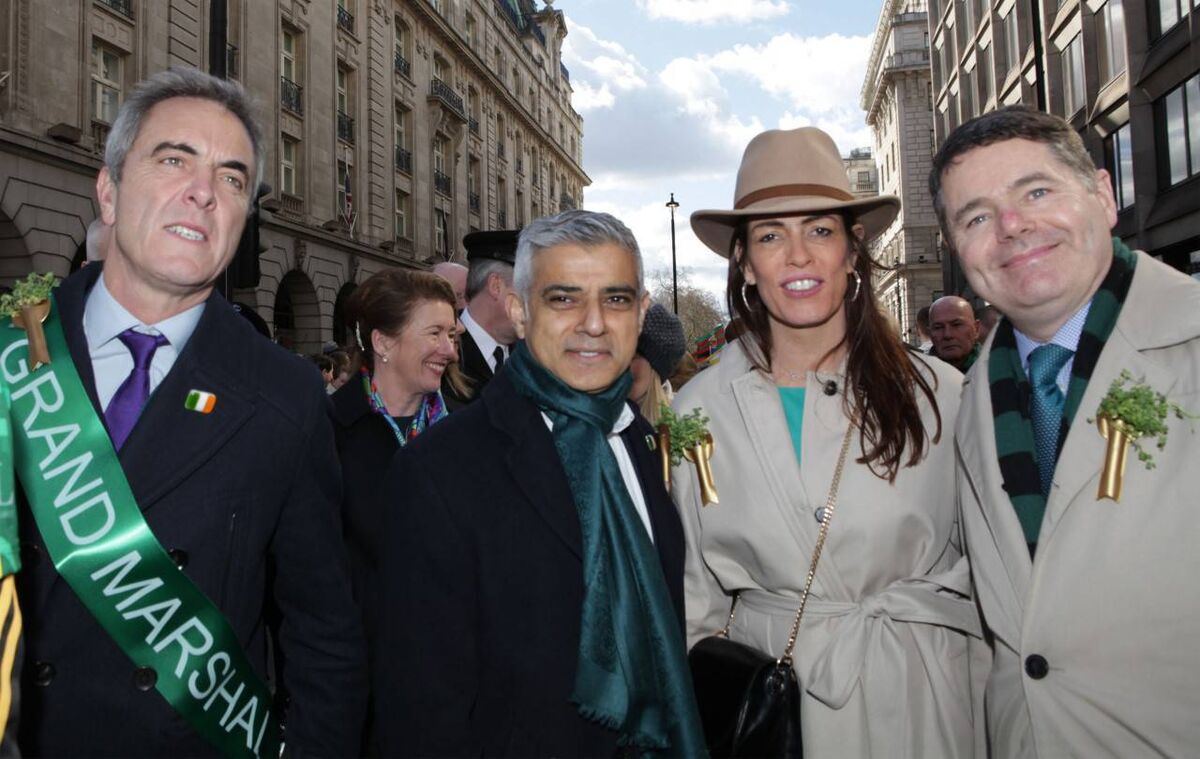 Catherina Casey with James Nesbitt, Mayor of London Sadiq Khan, and Pascal Donohue at London's St Patrick’s Day Parade in 2019. 