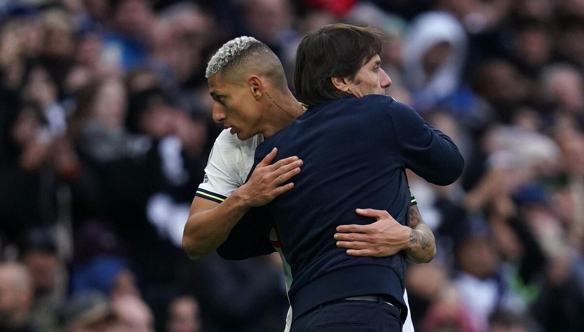 Tottenham Hotspur manager Antonio Conte greets Richarlison as he is substituted during the Premier League match at the Tottenham Hotspur Stadium, London. Pic: John Walton/PA Wire.